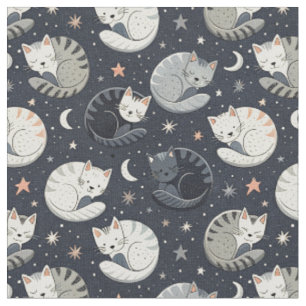 Tecido Padrão Noite Estrelada com Gatos Adormecidos - Des