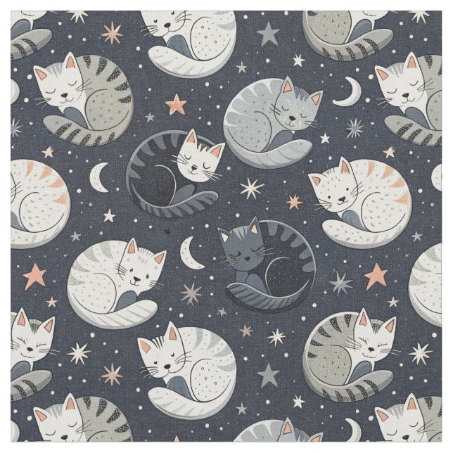 Tecido Padrão Noite Estrelada com Gatos Adormecidos - Des (Detalhe)