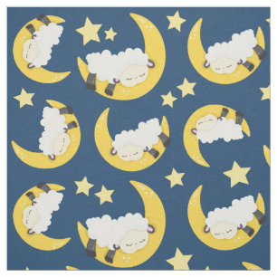 Tecido Padrão Ovino, Ovelhas Dormindo, Lua, Estrelas