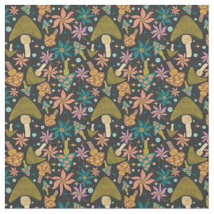 Tecido Padrão Preto Floral do Cogumelo Retro
