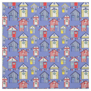 Tecido Padrão Strik Beach Hut em azul vermelho e amarelo