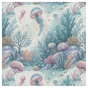 Tecido Padrão Subaquático de Água-Marinha e Coral em Aqua