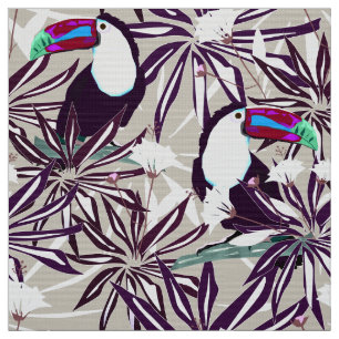 Tecido Padrão tropical com palmeiras e aves.