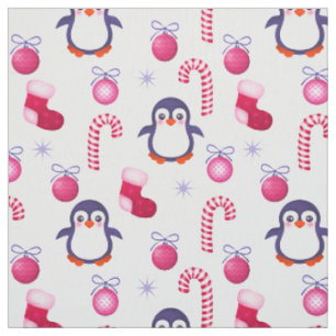 Tecido Padrões de Natal Rosa e Branco bonitos com pinguin