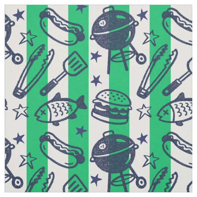 Tecido Pai Esnobe Grelhando Doodle Listra - Verde & Azul  (Modelo)