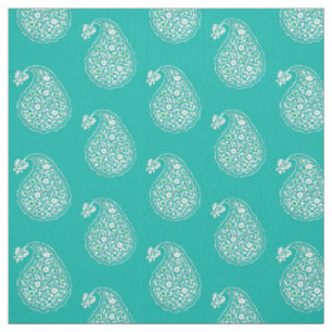 Tecido Paisley azulejo persa - branco em turquesa