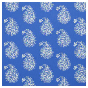 Tecido Paisley de azulejo persa - branco em azul de cobal
