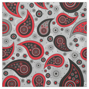 Tecido Paisley, padrão vermelho preto e cinza elegante