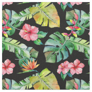 Tecido Palma De Hibiscus Tropical Deixa Padrão Negro