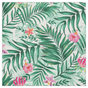 Tecido Palma tropical e folhas de monstera e flores exóti
