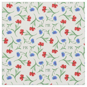 Tecido Papoila e Cornflower Light Floral Padrão Monogram