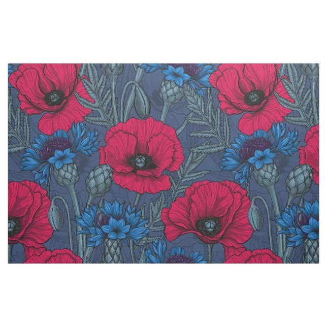 Tecido Papoilas vermelhas e flores azuis em azul (Fat Quarter)