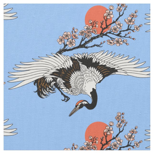 Tecido Pássaro-guindaste japonês e sakura florescente (Detalhe)