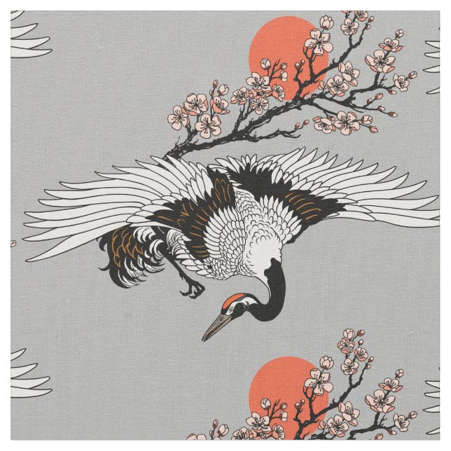 Tecido Pássaro-guindaste japonês e sakura florescente (Detalhe)