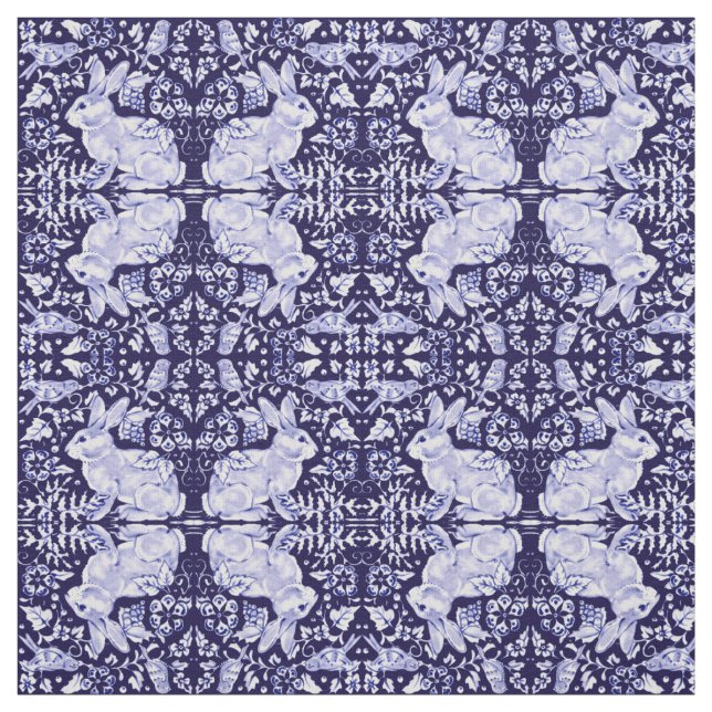Tecido Pássaro Pequeno Coelho Branco e Azul Escuro Impres (Modelo)