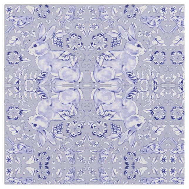 Tecido Pássaro Pequeno Impressão do Coelho Azul e Branco  (Detalhe)