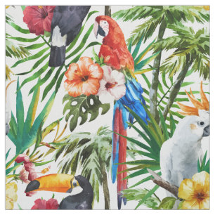 Tecido Pássaros da aguarela e teste padrão tropicais da