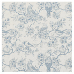 Tecido Pássaros e flor de cerejeira em azul e branco esma