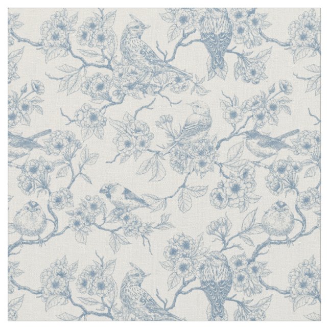 Tecido Pássaros e flor de cerejeira em azul e branco esma (Detalhe)