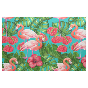 Tecido Pássaros Flamingo e aquarela de jardim tropical