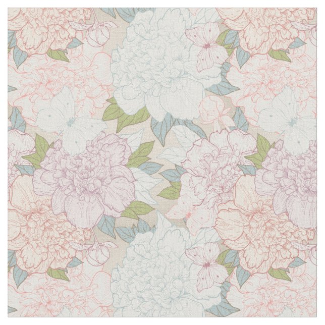 Tecido Pastel Peony & Butterfly Fllower Pattern (Detalhe)