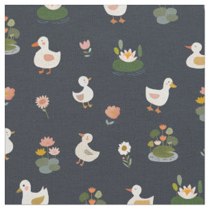 Tecido Patos & Folhas de Lótus em Preto Carvão