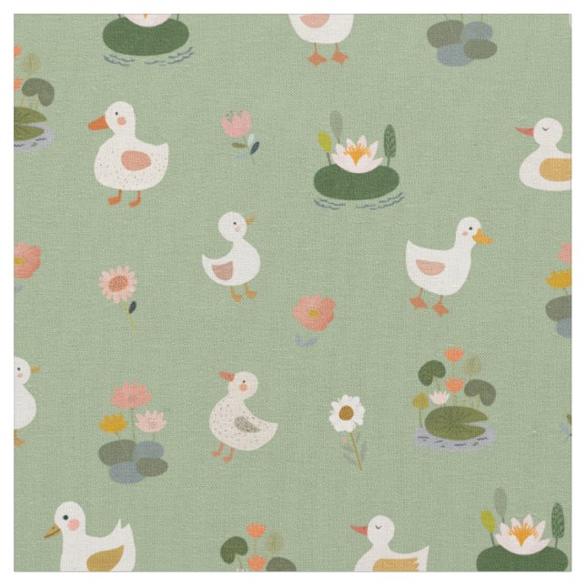 Tecido Patos & Folhas de Lótus em Verde Claro (Detalhe)
