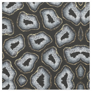 Tecido Pedras de Geodo Dourado Preto-Branco Moderno