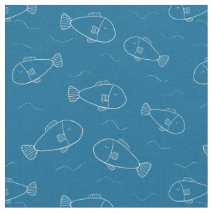 Tecido Peixe Branco Fofo Impresso em Azul Oceano