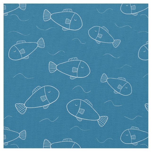 Tecido Peixe Branco Fofo Impresso em Azul Oceano (Detalhe)