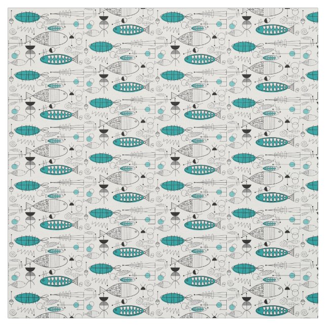 Tecido Peixe Imaginoso Moderno Do Século médio Retro Teal (Modelo)