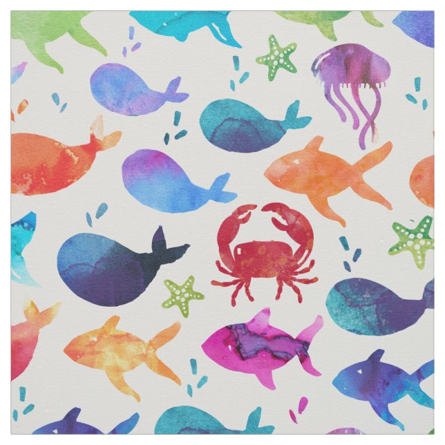 Tecido Peixes de aquarela arco-íris sob o oceano marinho (Modelo)