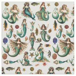 Tecido Peixes de Sereia e Arte Marítima Náutica do Mar de