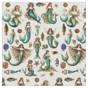 Tecido Peixes de Sereia e Arte Marítima Náutica do Mar de