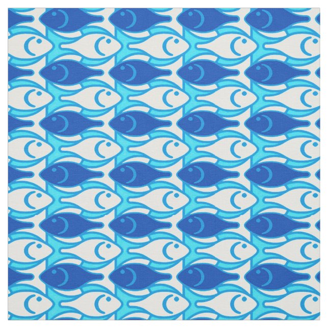 Tecido Peixes modernos do meio século, azuis cobaltos (Modelo)