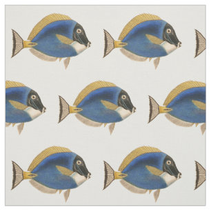 Tecido Peixes Tropicais Vintage Desenhando Dourado Azul