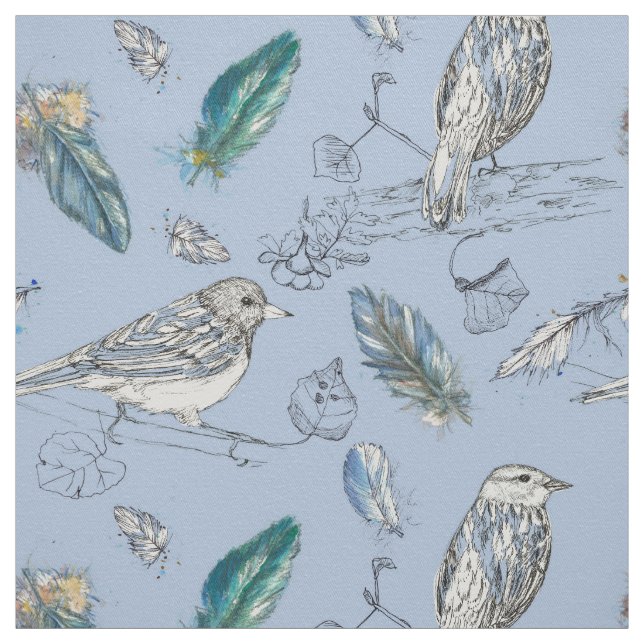 Tecido Penas Pássaros Saem Azul Natureza Desenho (Modelo)