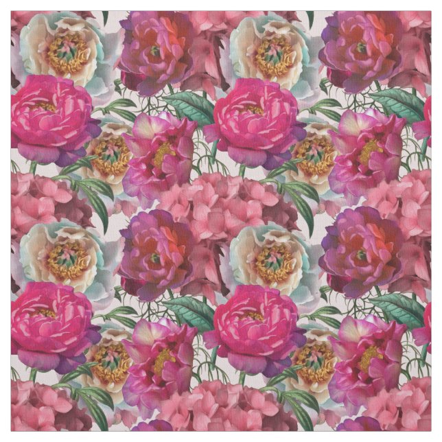 Tecido Pêonias Cor-de-Rosa Vermelha e Flores de Hydrangea (Modelo)