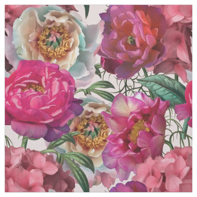 Tecido Pêonias Cor-de-Rosa Vermelha e Flores de Hydrangea (Modelo)