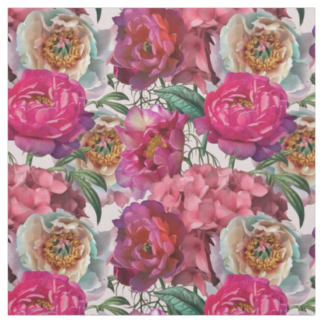 Tecido Pêonias Cor-de-Rosa Vermelha e Flores de Hydrangea (Modelo)