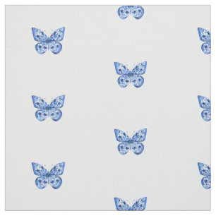 Tecido Pequena Borboleta Branca Chinoiserie Azul