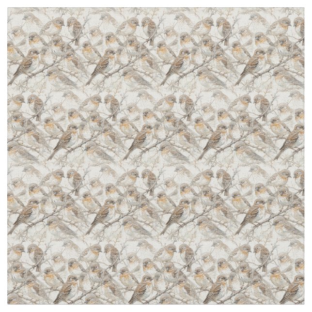 Tecido Pequena Colagem de Ave-Sparrow Castanho (Detalhe)