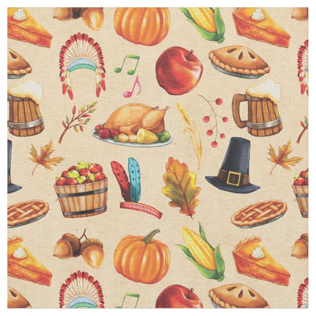Tecido Pie Turkey Pumpkin Padrão de Ação de Graças (Detalhe)