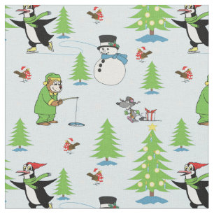 Tecido Pinguim de Natal patinando no gelo e pescador de u