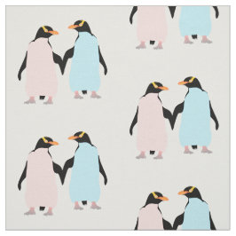 Tecido Pinguins cor-de-rosa e azuis de mãos dadas.