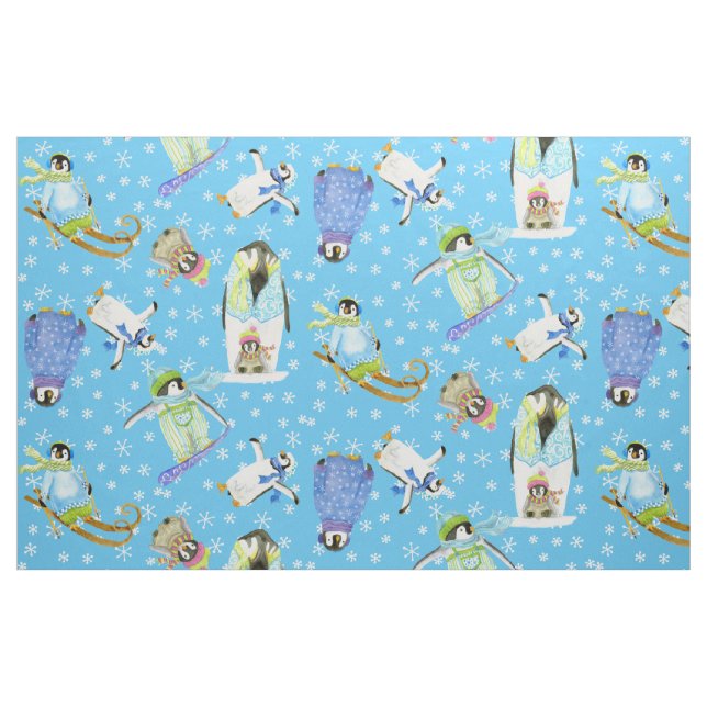Tecido Pinguins de inverno com flocos de neve Snowboard (Fat Quarter)