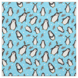 Tecido Pinguins de Natal Lindos Padrão Azul Claro