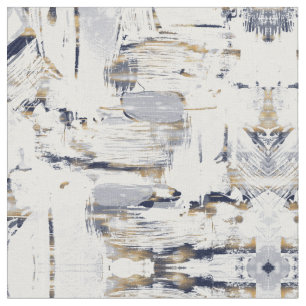 Tecido Pintura de pincel azul-branco e Dourada