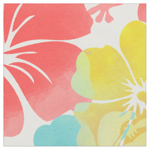 Tecido PixDezines watercolor hibiscus/laranja/amarelo/azu