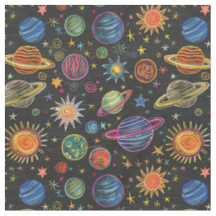 Tecido Planetas Crayon e sol em padrão espacial